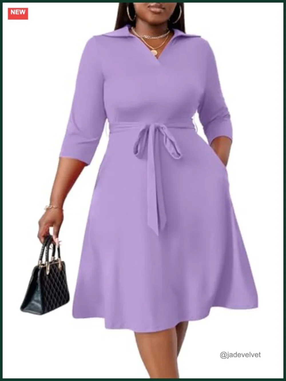 Plus Size A-Line Midi Dress with Pockets, Belt & 3/4 Flutter Sleeves -